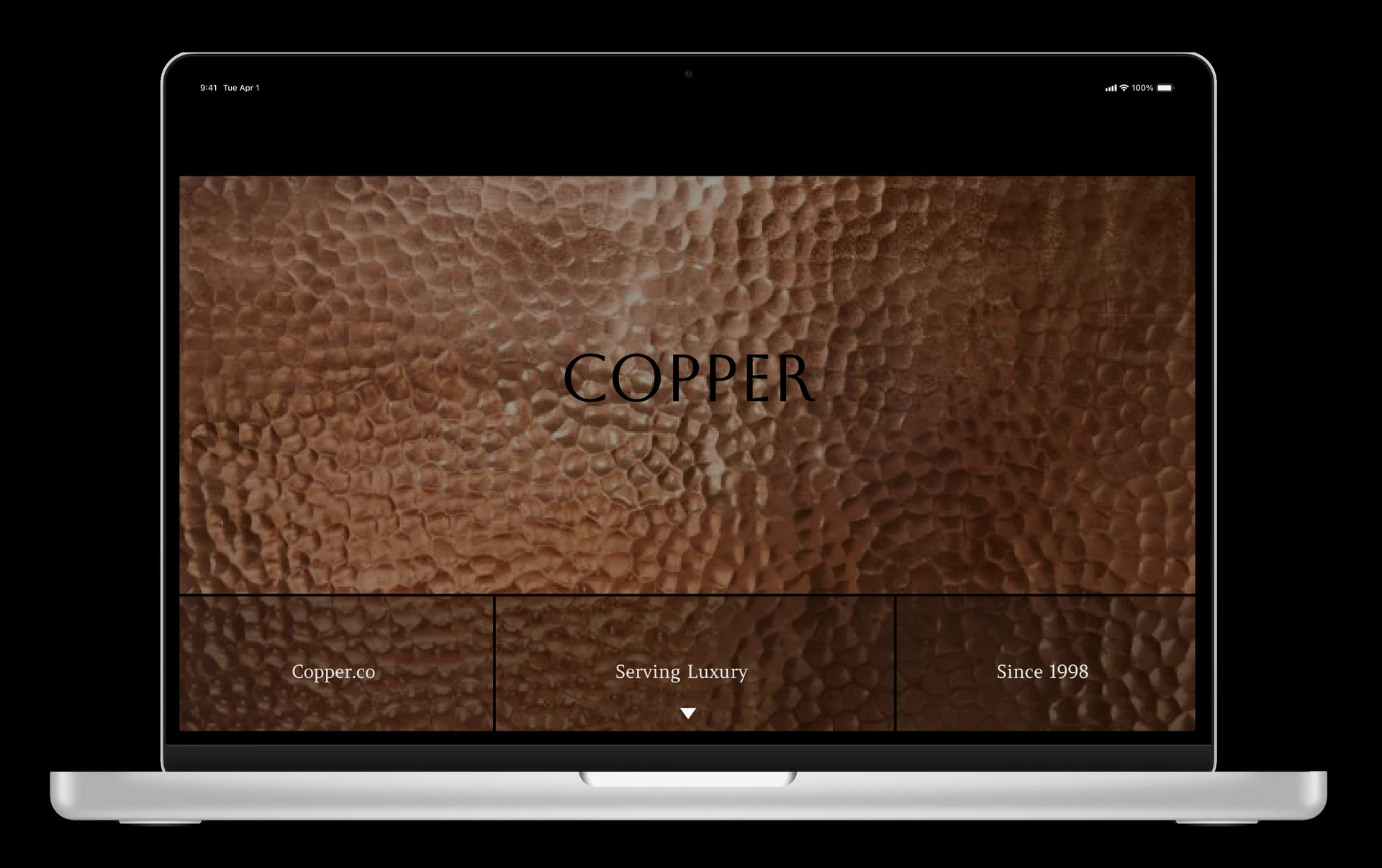 Copper.co website landing screen on a laptop: a hammered copper texture with the COPPER wordmark and a three-part strip reading Copper.co, Serving Luxury and Since 1998