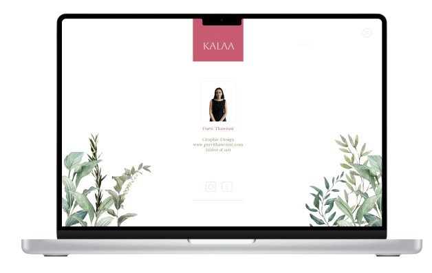 Kalaa desktop profile card with a rose banner, portrait and leaf illustrations on both sides