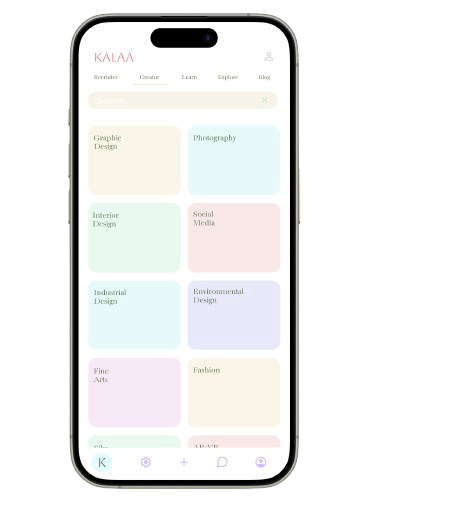 Kalaa mobile category grid with pastel tiles for Graphic Design, Photography, Interior Design and more