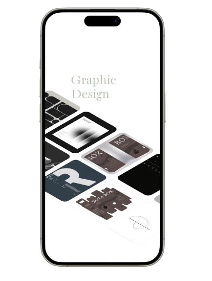 Kalaa mobile screen with the words Graphic Design above an isometric grid of design work tiles