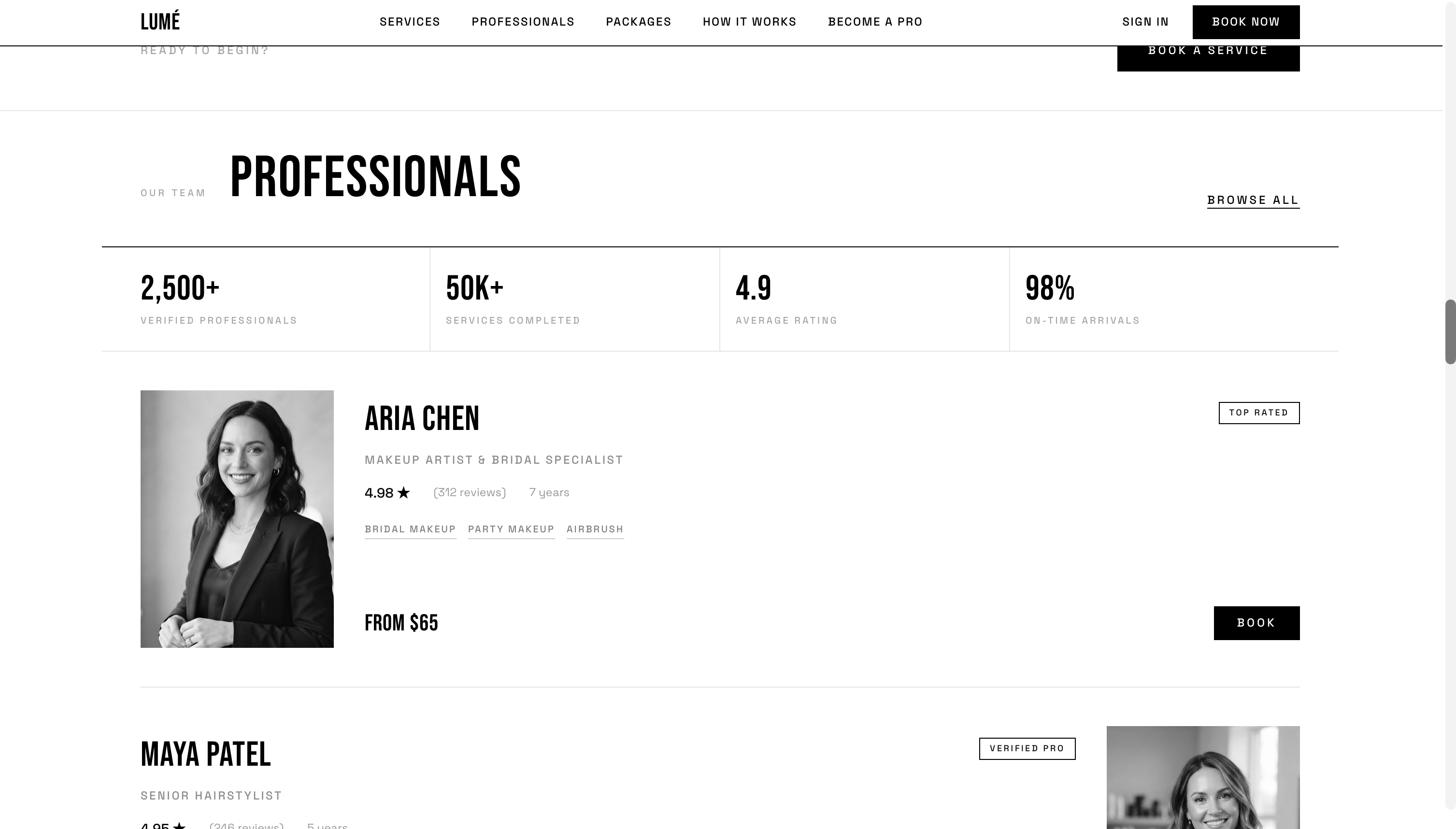 Lumé professionals section with platform statistics and a profile for Aria Chen