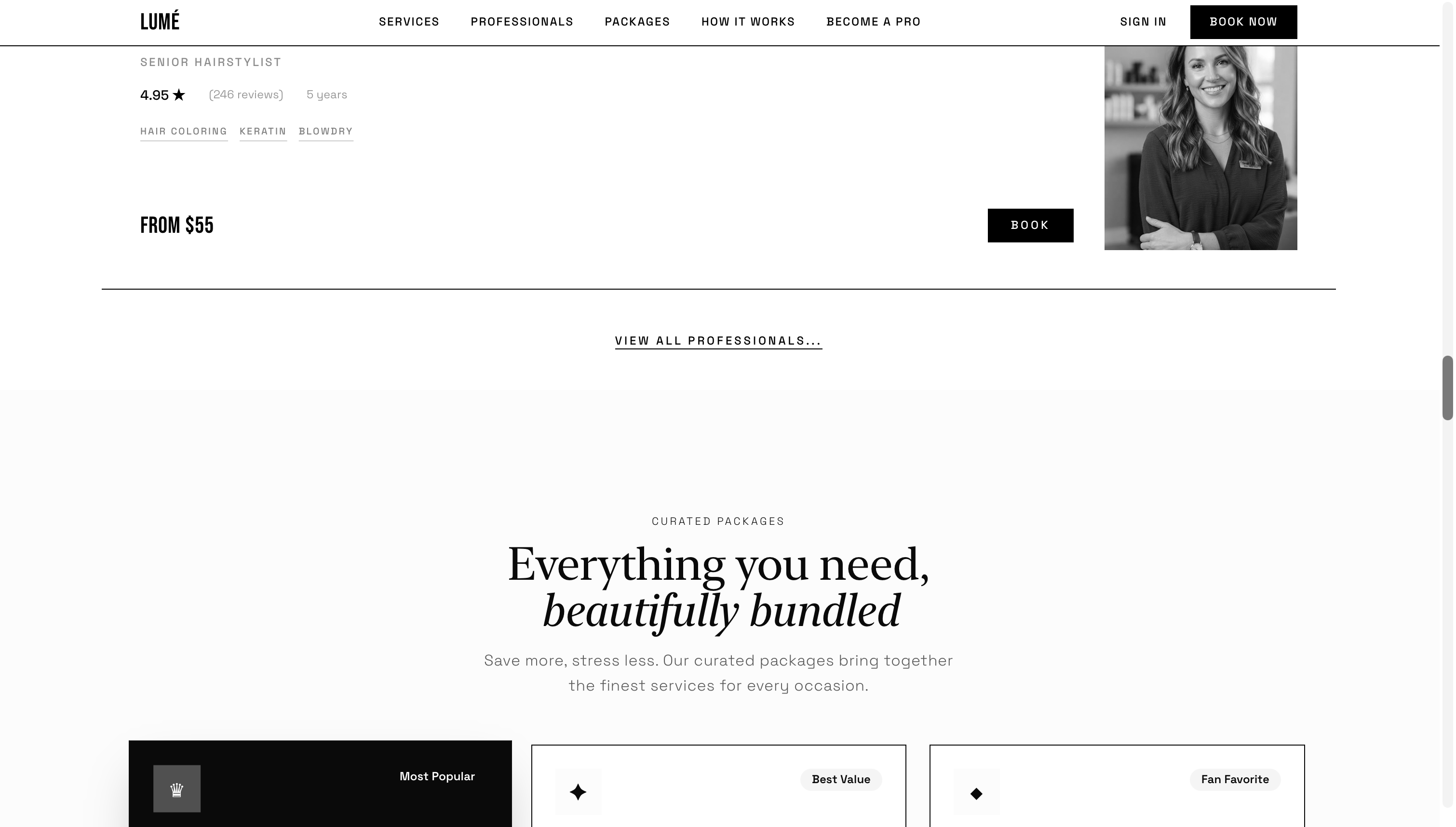 Lumé second professional profile and the Curated Packages introduction in a serif italic headline