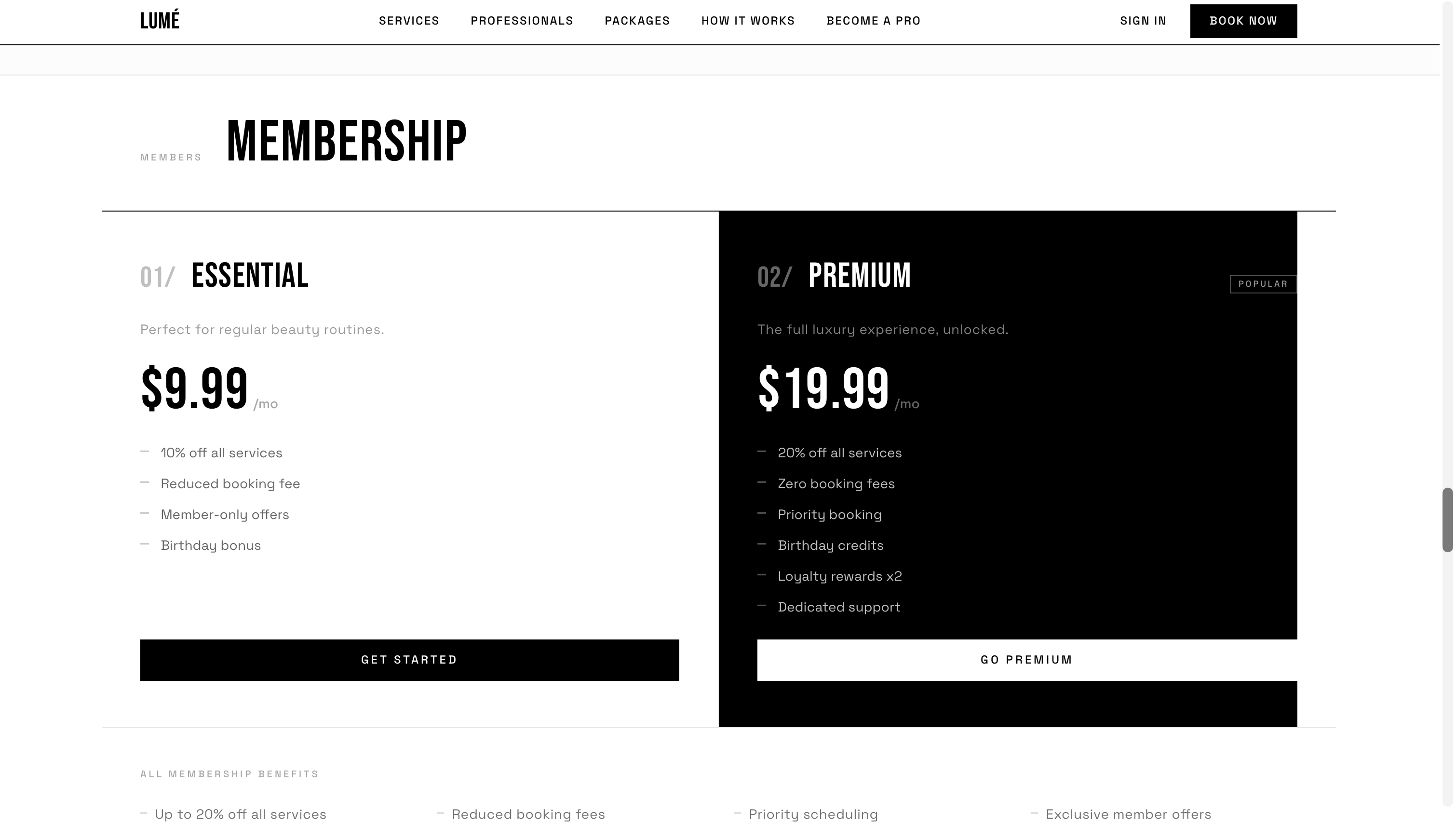 Lumé membership comparison between Essential and Premium plans