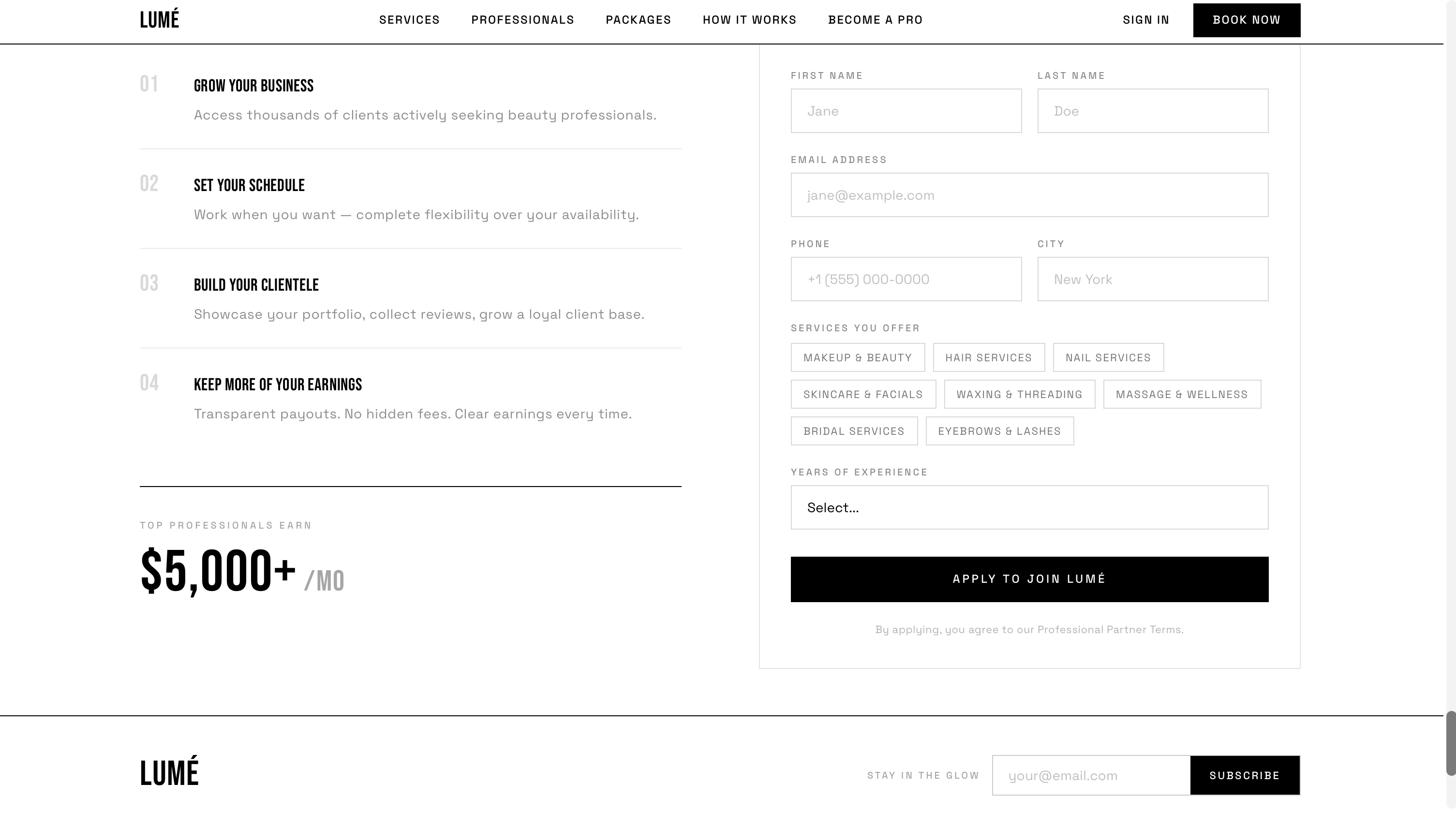 Lumé Join as a Pro benefits list and application form