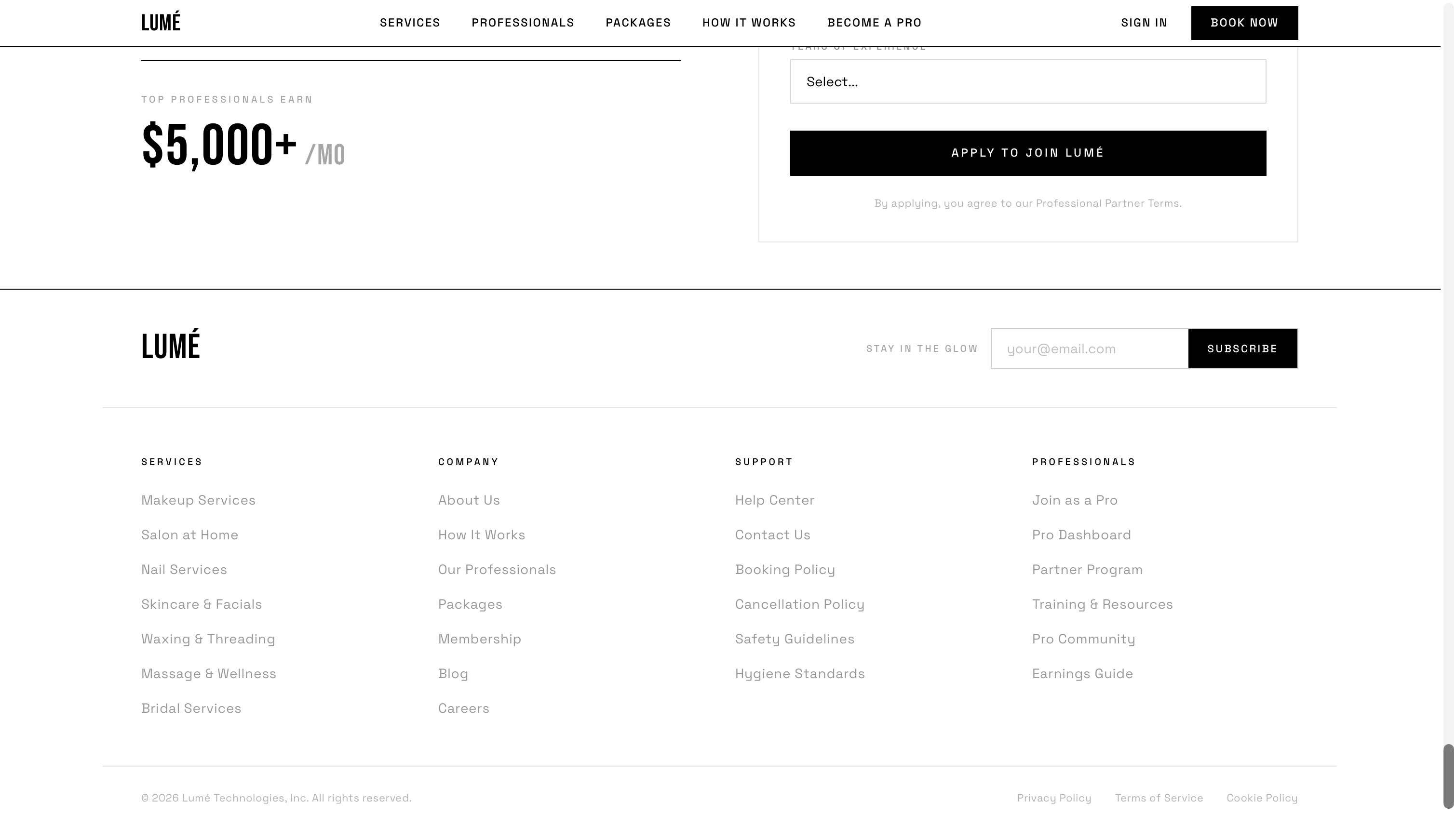 Lumé footer with newsletter signup and four columns of links