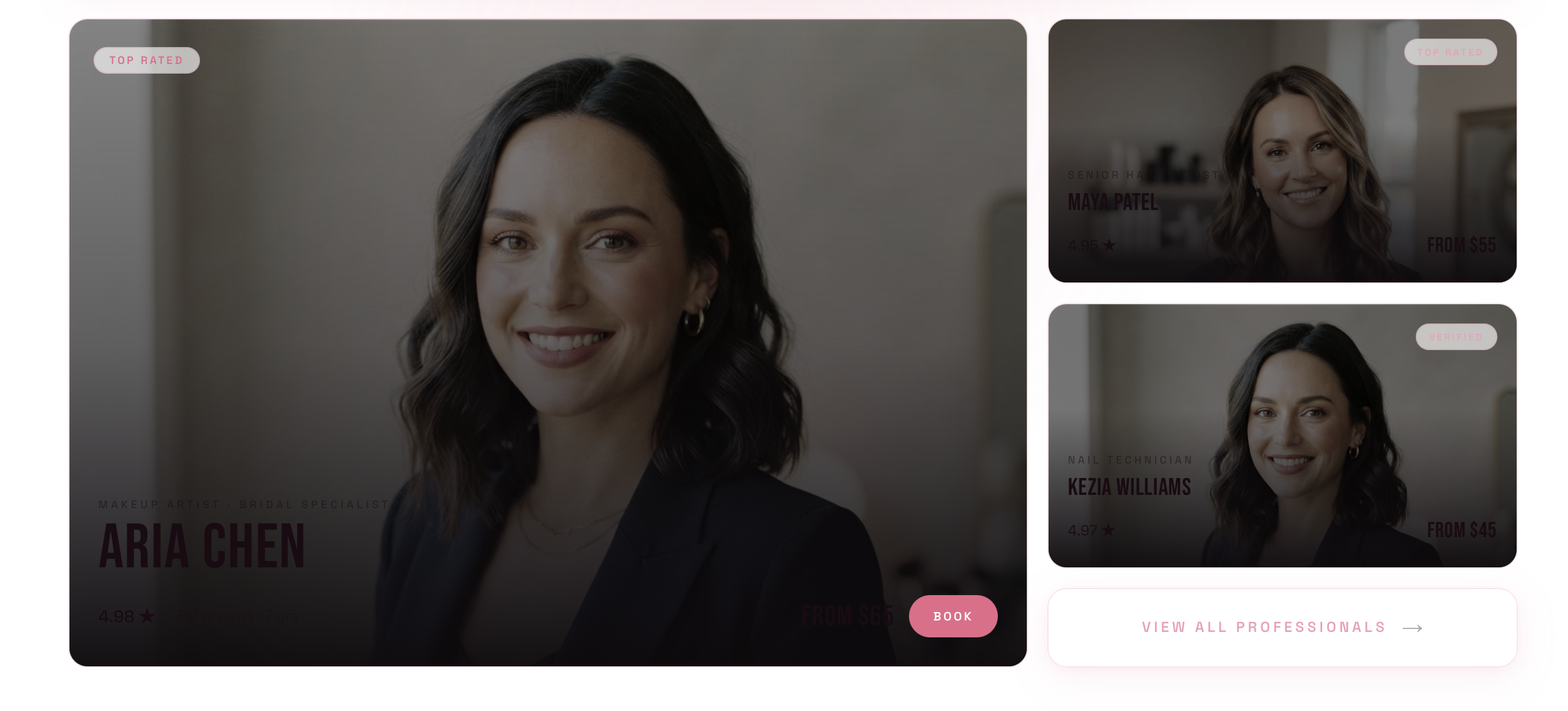 Rose-toned professionals section with a large featured profile and two smaller profile cards