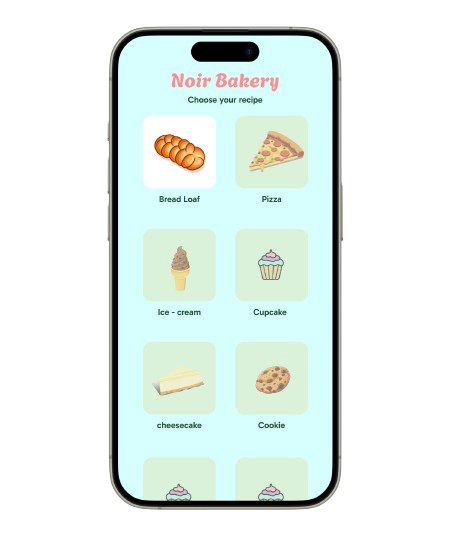 Noir Bakery recipe picker with tiles for Bread Loaf, Pizza, Ice-cream, Cupcake, Cheesecake and Cookie