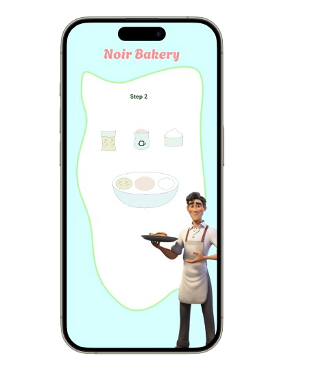 Noir Bakery Step 2 screen with three ingredient containers above a mixing bowl and the chef beside it