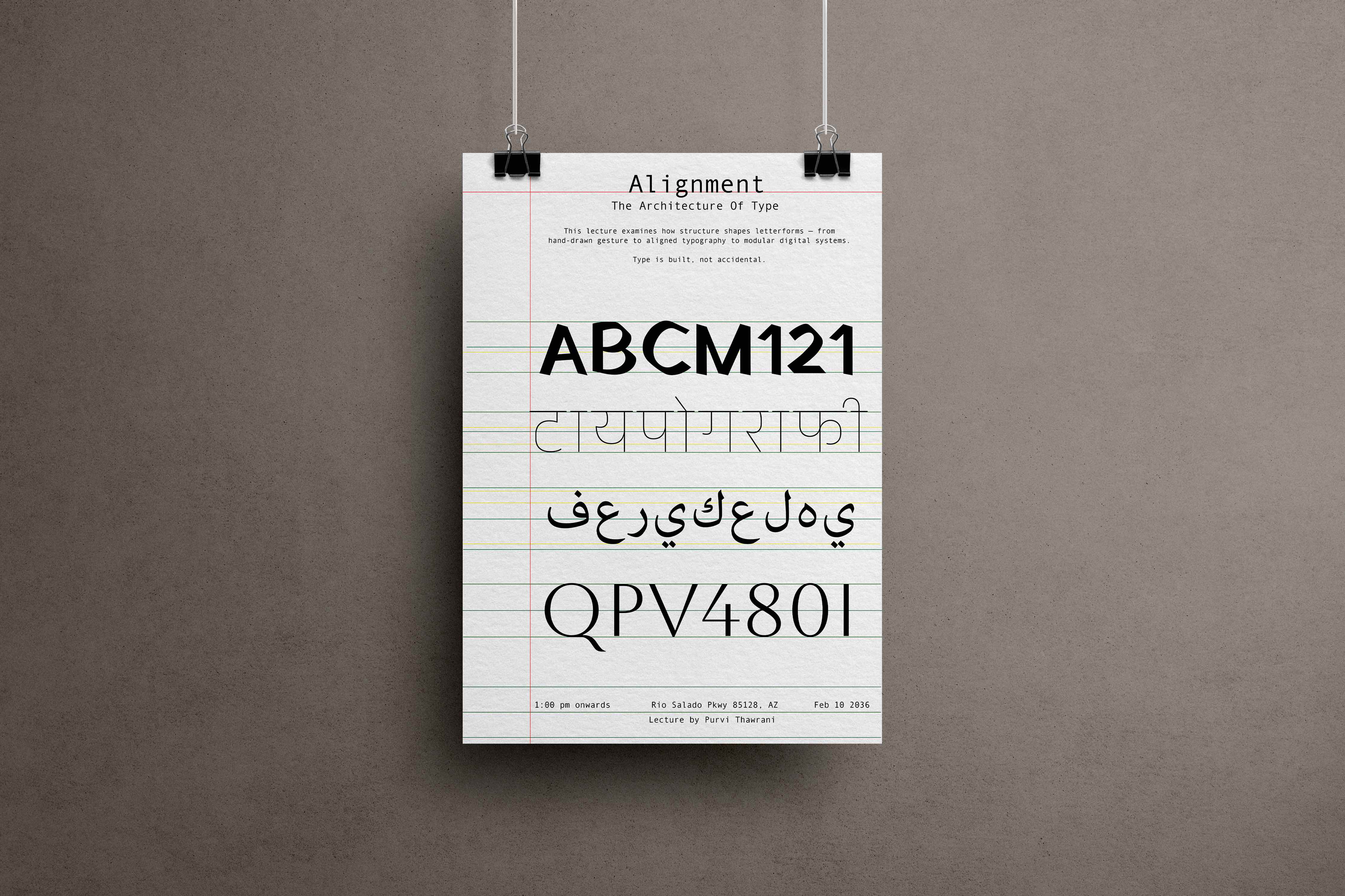 Alignment poster on ruled notebook paper showing Latin, Devanagari, Arabic and serif lettering sitting on shared baselines