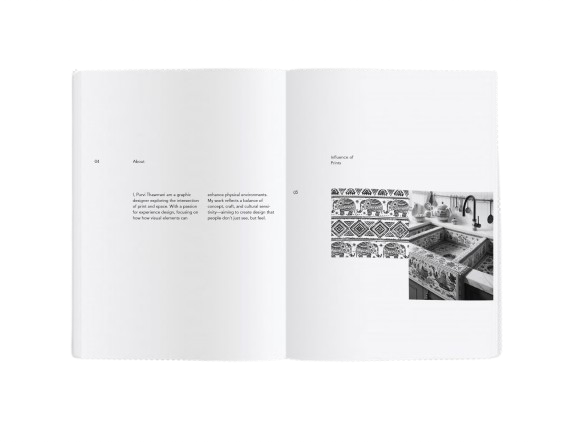 Booklet spread with an About text on the left page and an Influence of Prints page showing a sink tiled with an elephant pattern on the right