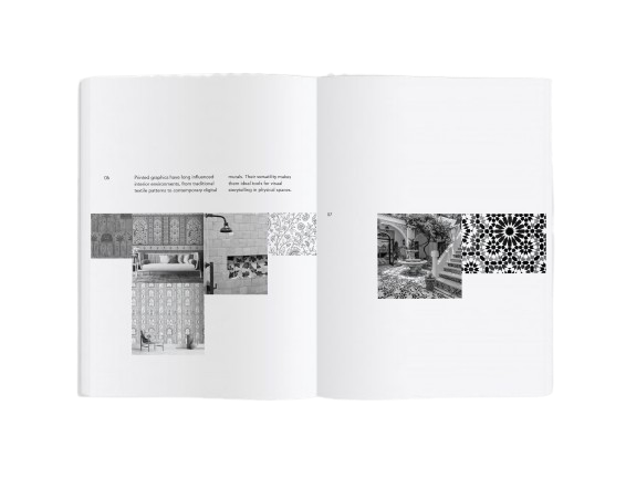 Booklet spread with a row of patterned tile, wallpaper and interior photographs across the left page and a Moorish courtyard beside a black and white geometric tile pattern on the right page