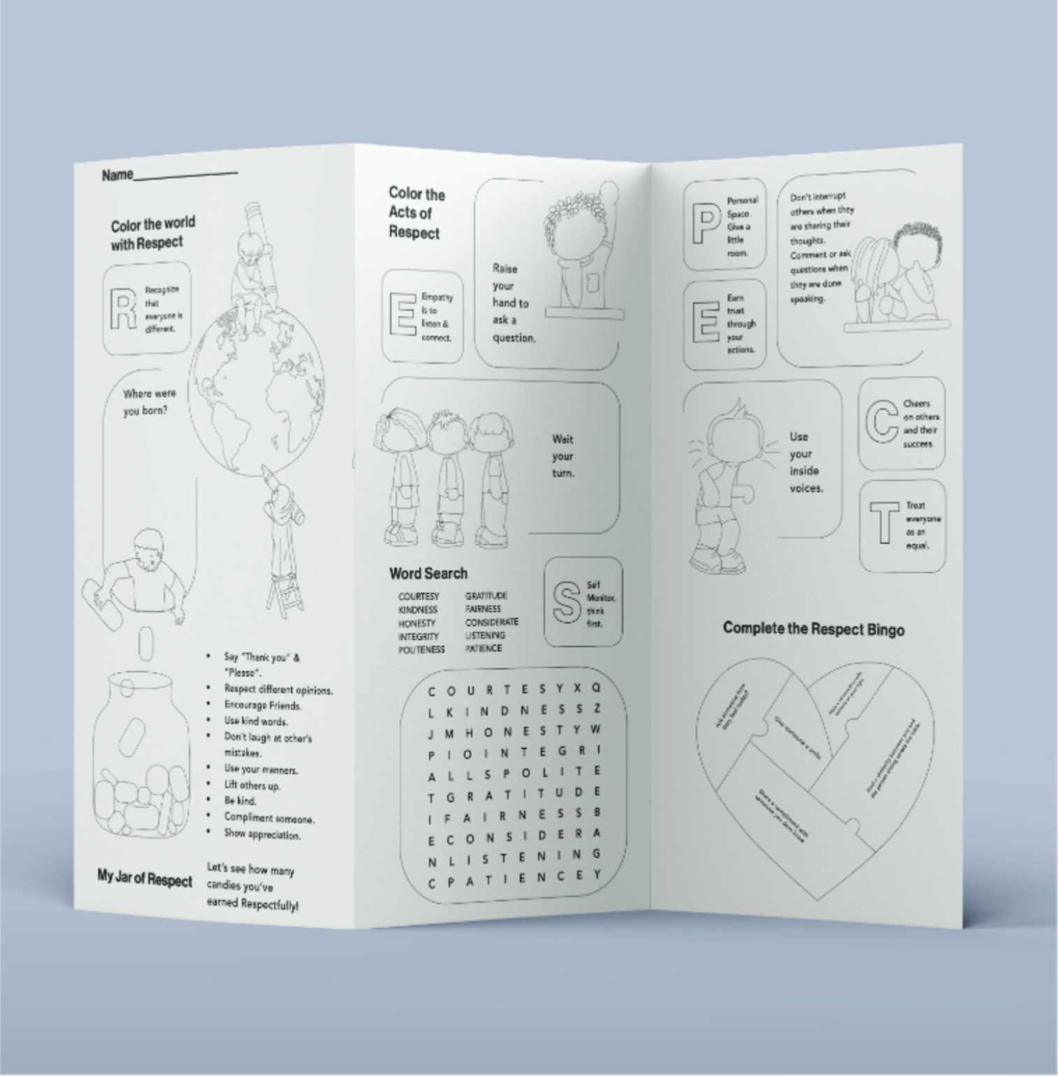 Folded activity sheet with a coloring page, a word search of respect words and a Respect Bingo heart puzzle