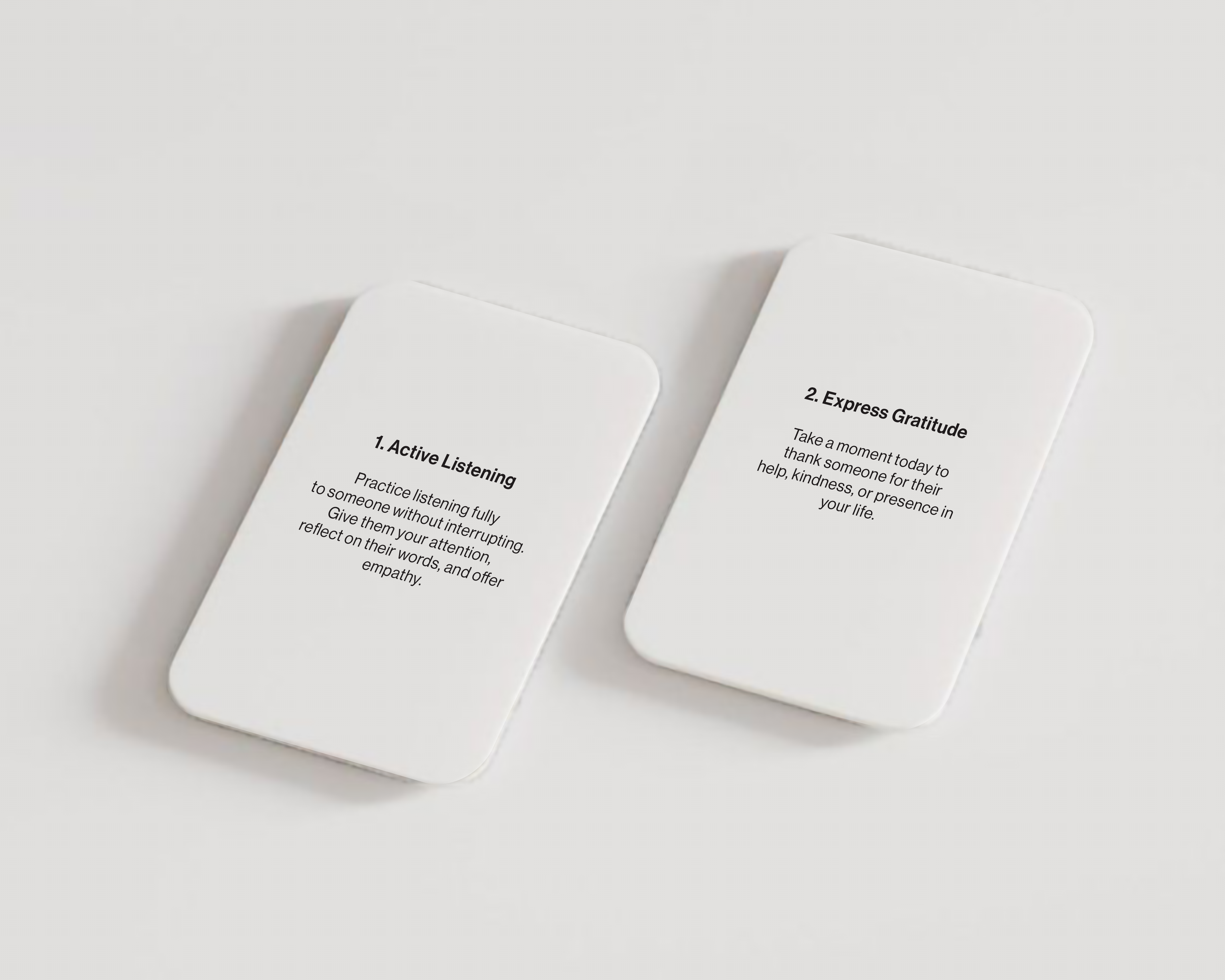 Two white rounded cards, 1 Active Listening and 2 Express Gratitude, each with a short instruction