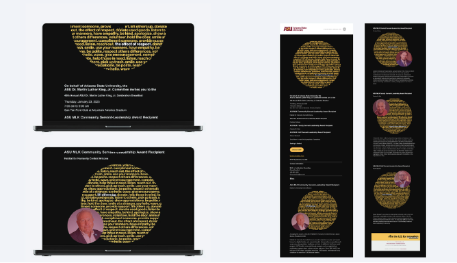 Laptop and phone mockups of a black email invitation to the ASU Dr. Martin Luther King Jr. Celebration Breakfast with a gold ring of text and award recipient portraits