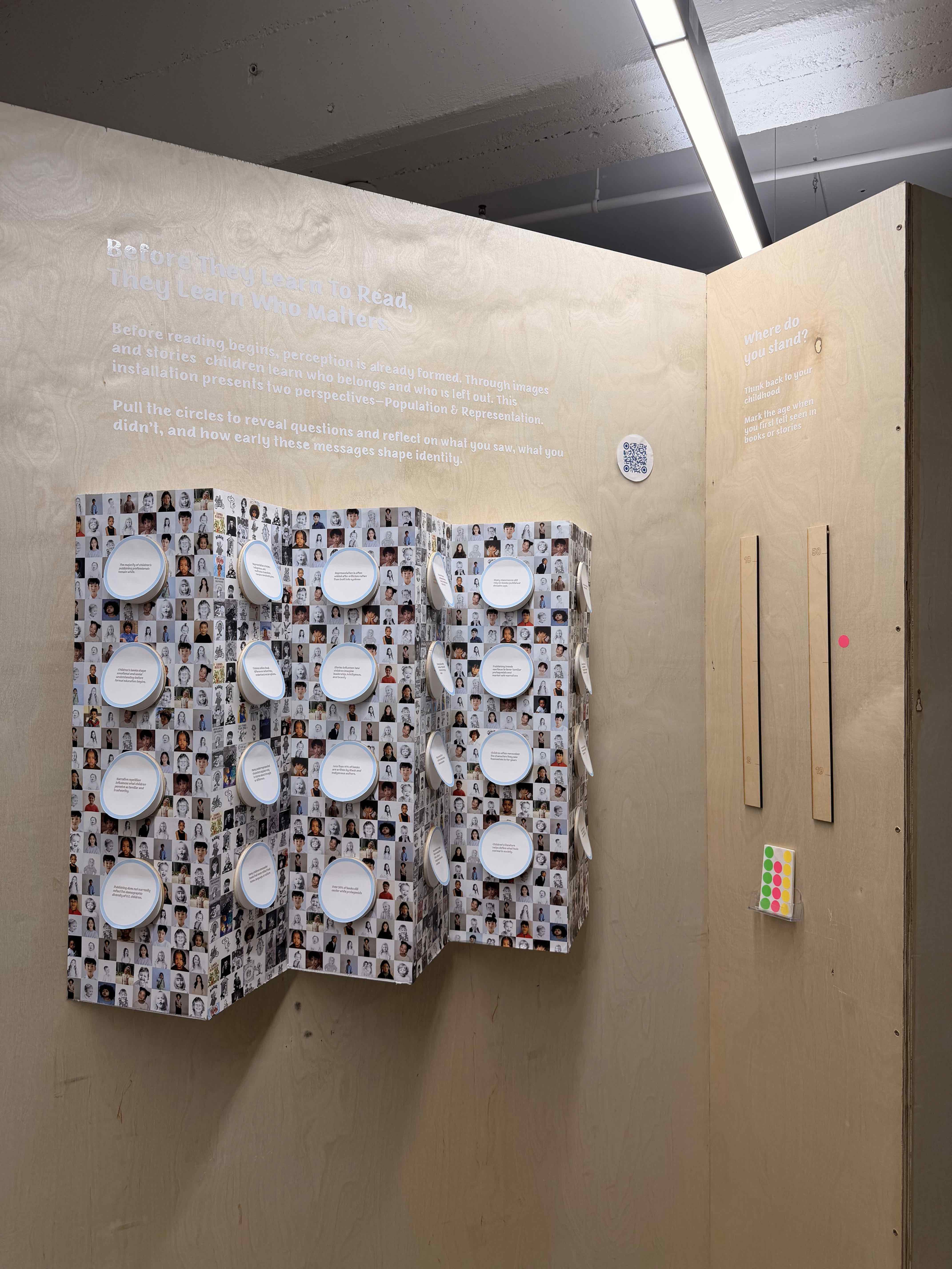 Wall installation with a folded panel of children's portraits and white pull-circles, beside the Where do you stand prompt