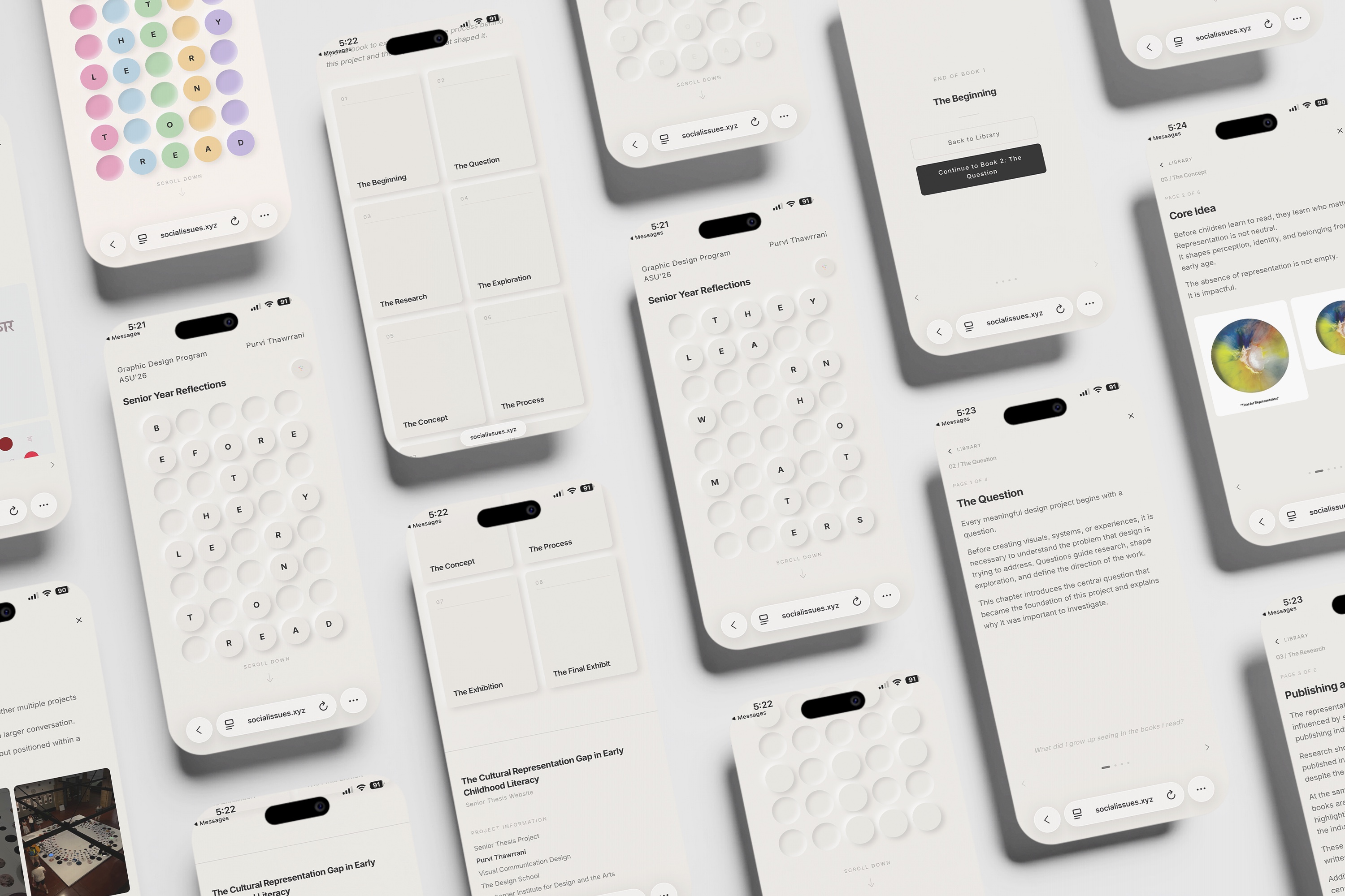 Mockup of the socialissues.xyz thesis website across many phone screens