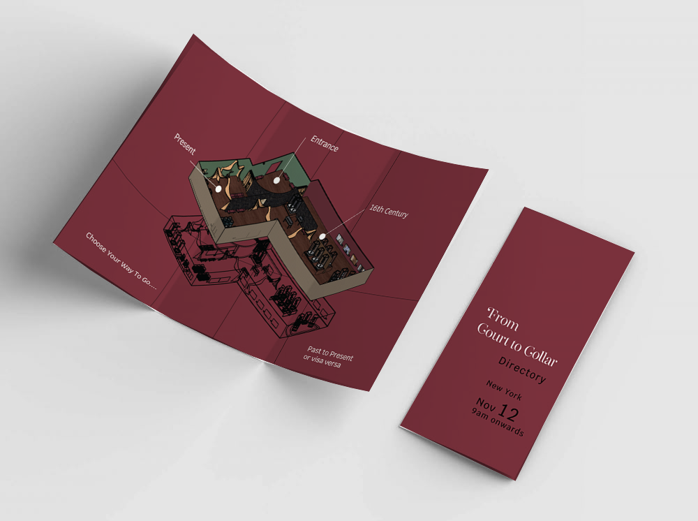 Unfolded maroon exhibition directory showing an isometric floor plan with Entrance, 16th Century and Present, beside the folded cover reading From Court to Collar Directory, New York, Nov 12, 9am onwards