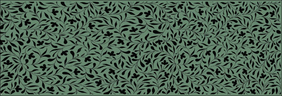 Black leaf and flower pattern on a sage green field
