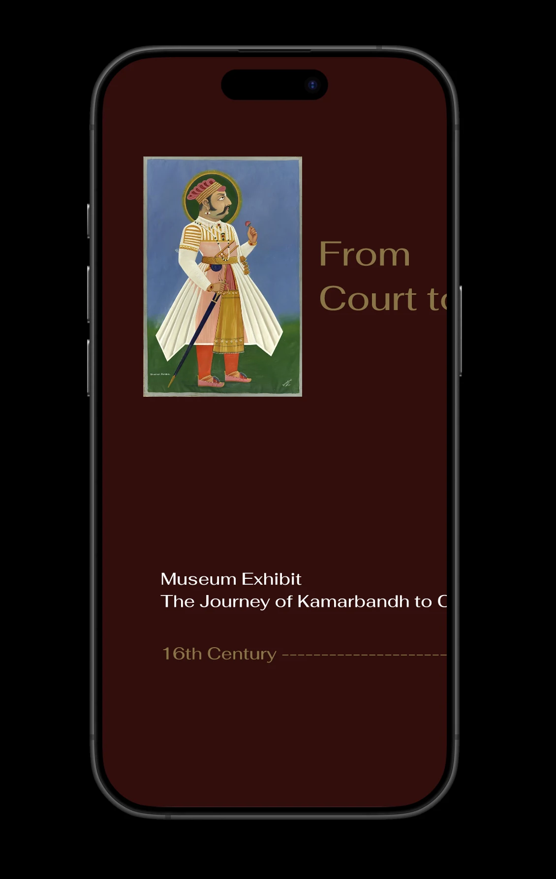 Phone screen on a deep maroon background showing a 16th Century court portrait of a standing figure beside the title From Court to Collar