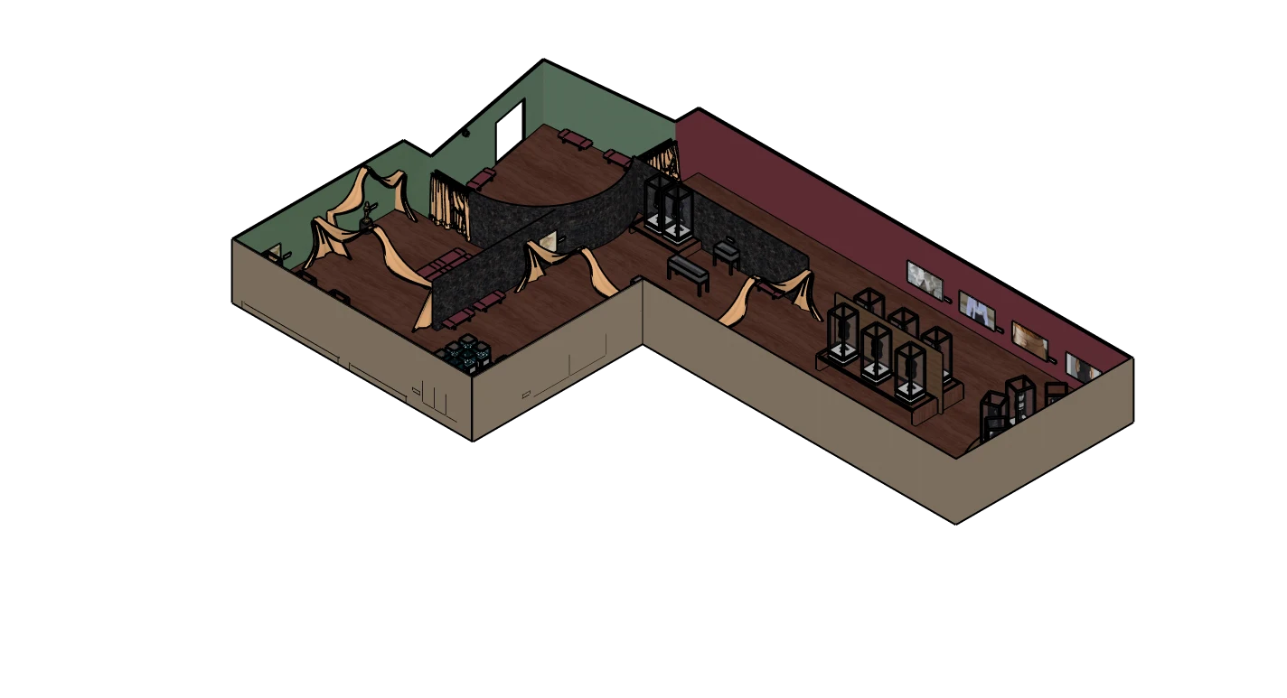 Isometric cutaway of the exhibition with green, black marble and maroon walls and copper drapes