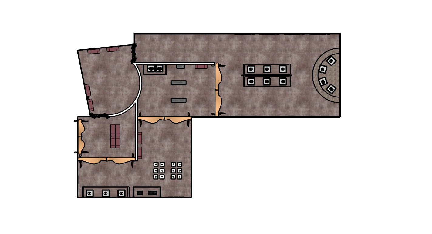 Top down floor plan of the exhibition galleries with display cases, benches and a circular dais