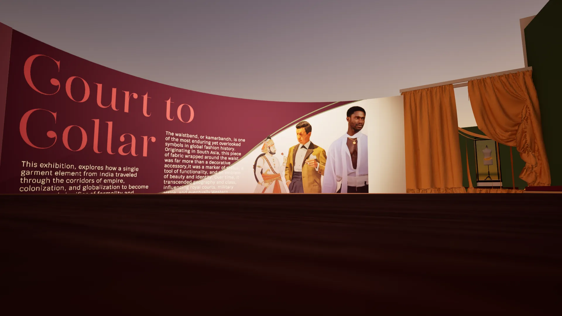 Curved maroon wall with the large title Court to Collar, exhibition text and a graphic of three men in historic and modern dress, beside copper curtains
