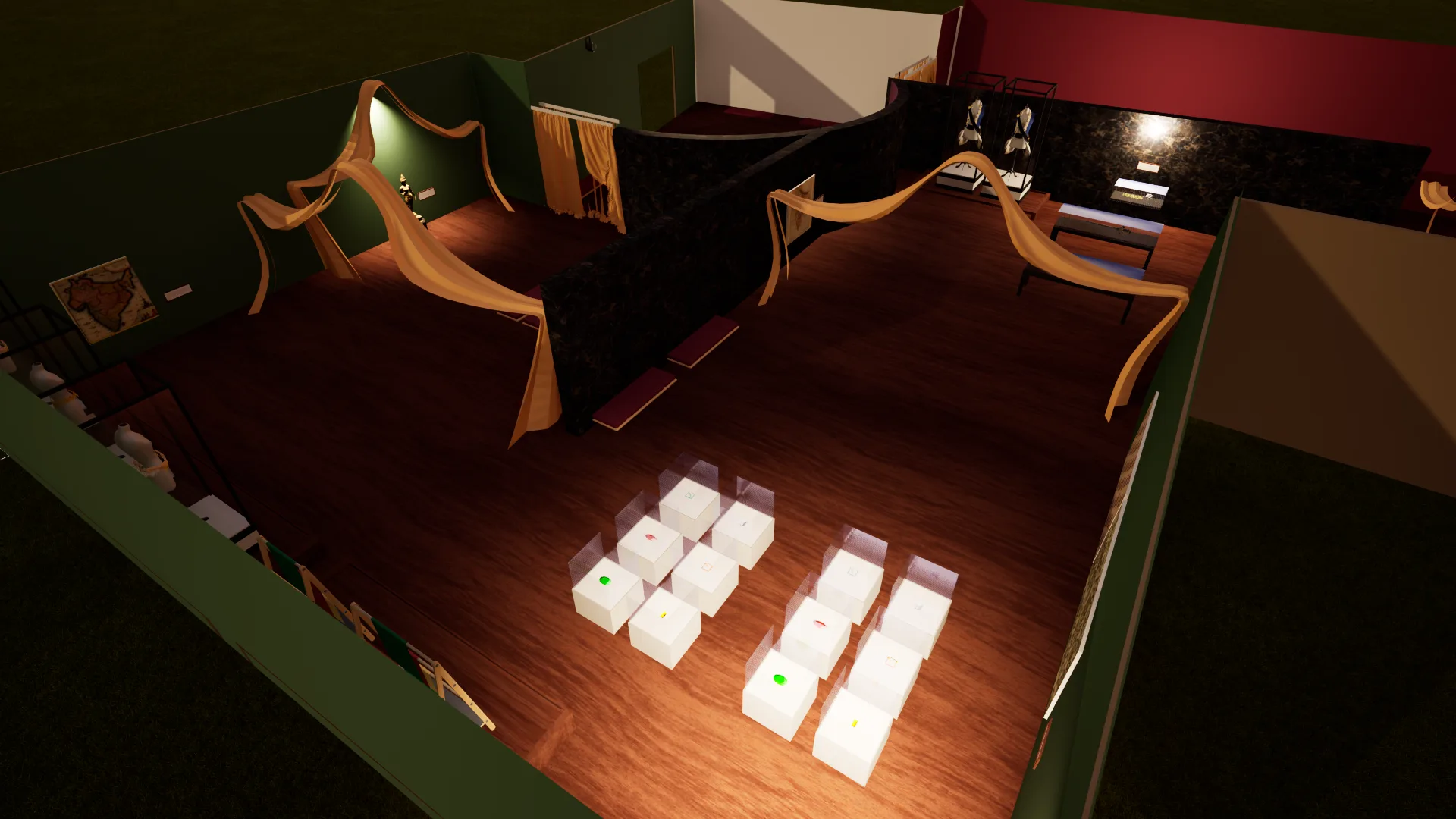 Aerial render of the exhibition with green and maroon walls, black marble partitions, copper drapes and rows of white display cubes on a wood floor