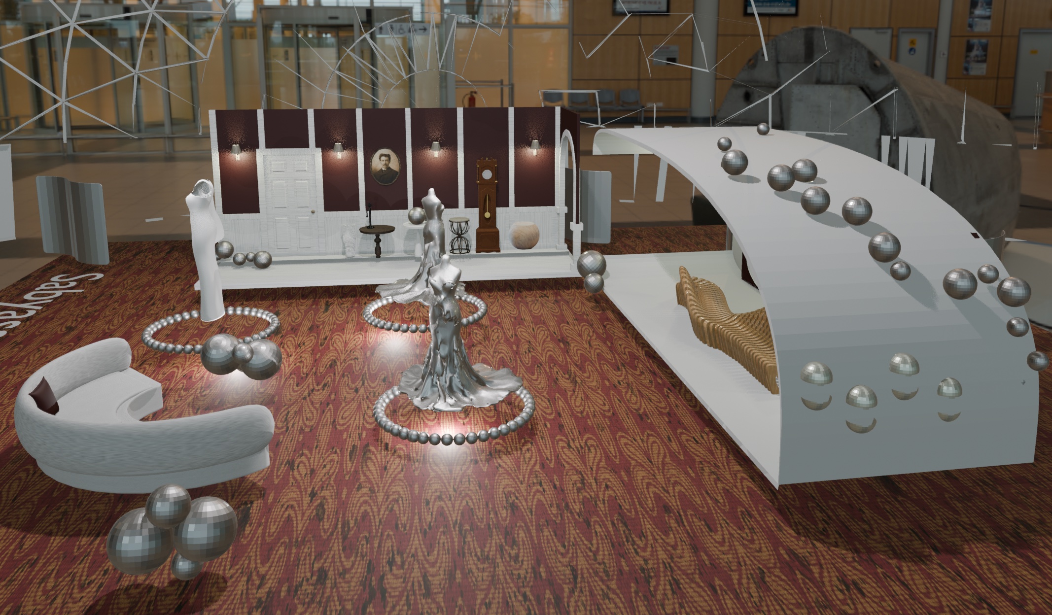 Floor level view of the pop up with a heritage wall of maroon panels, three silver gowns circled by bead rings, a curved white sofa and the Hadid-style pavilion