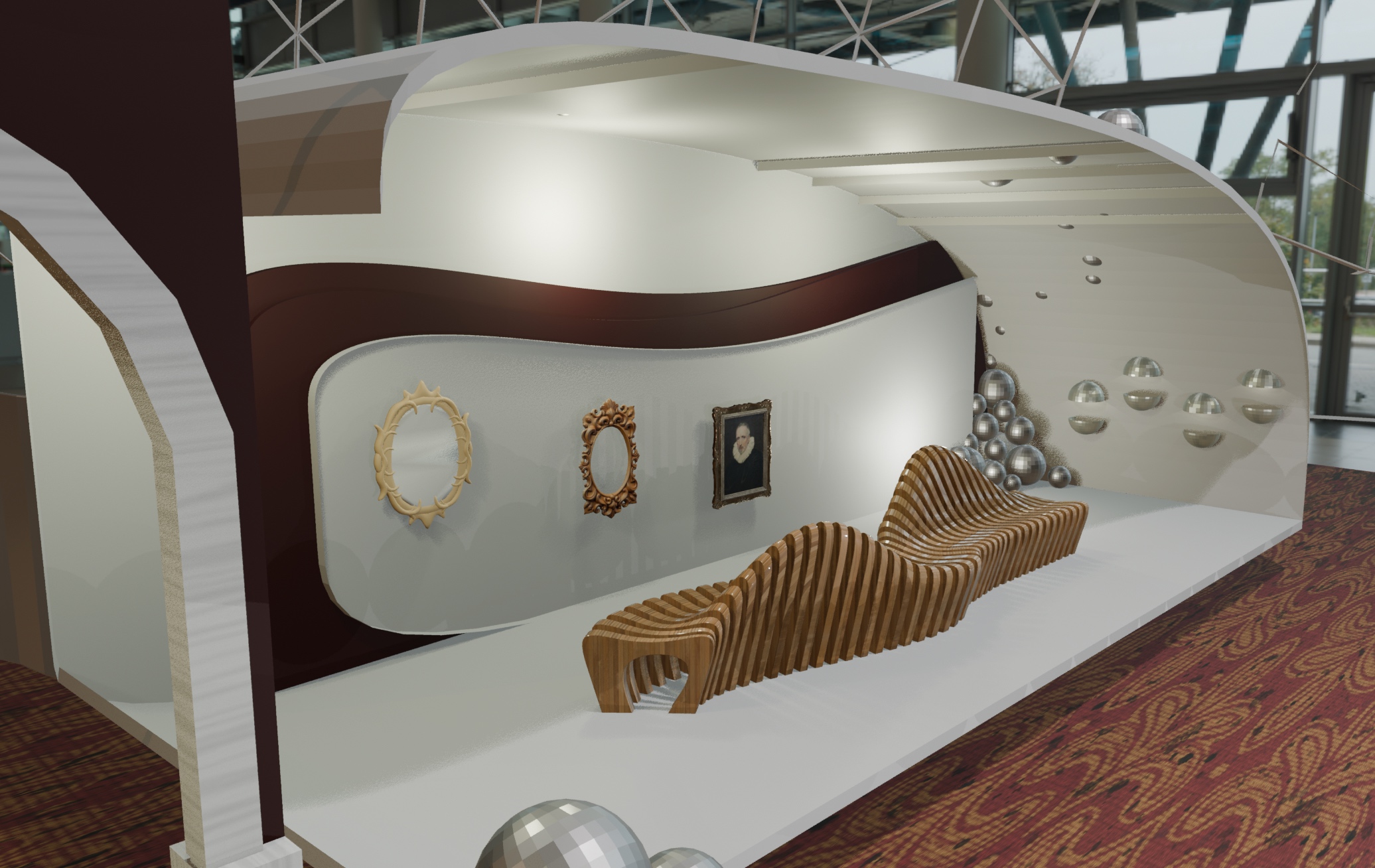 Cutaway of the curved white pavilion showing a wave-shaped maroon wall with ornate frames and a ribbed wooden bench